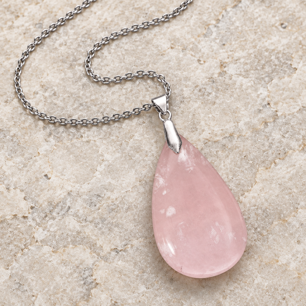 Dettaglio del ciondolo in quarzo rosa con collana in acciaio