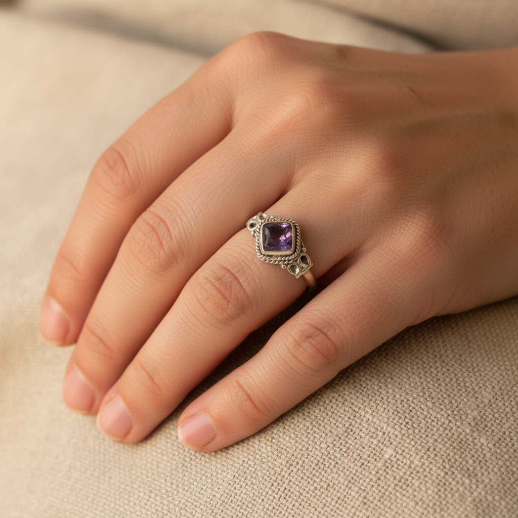 Anello ametista argento lifestyle indossato