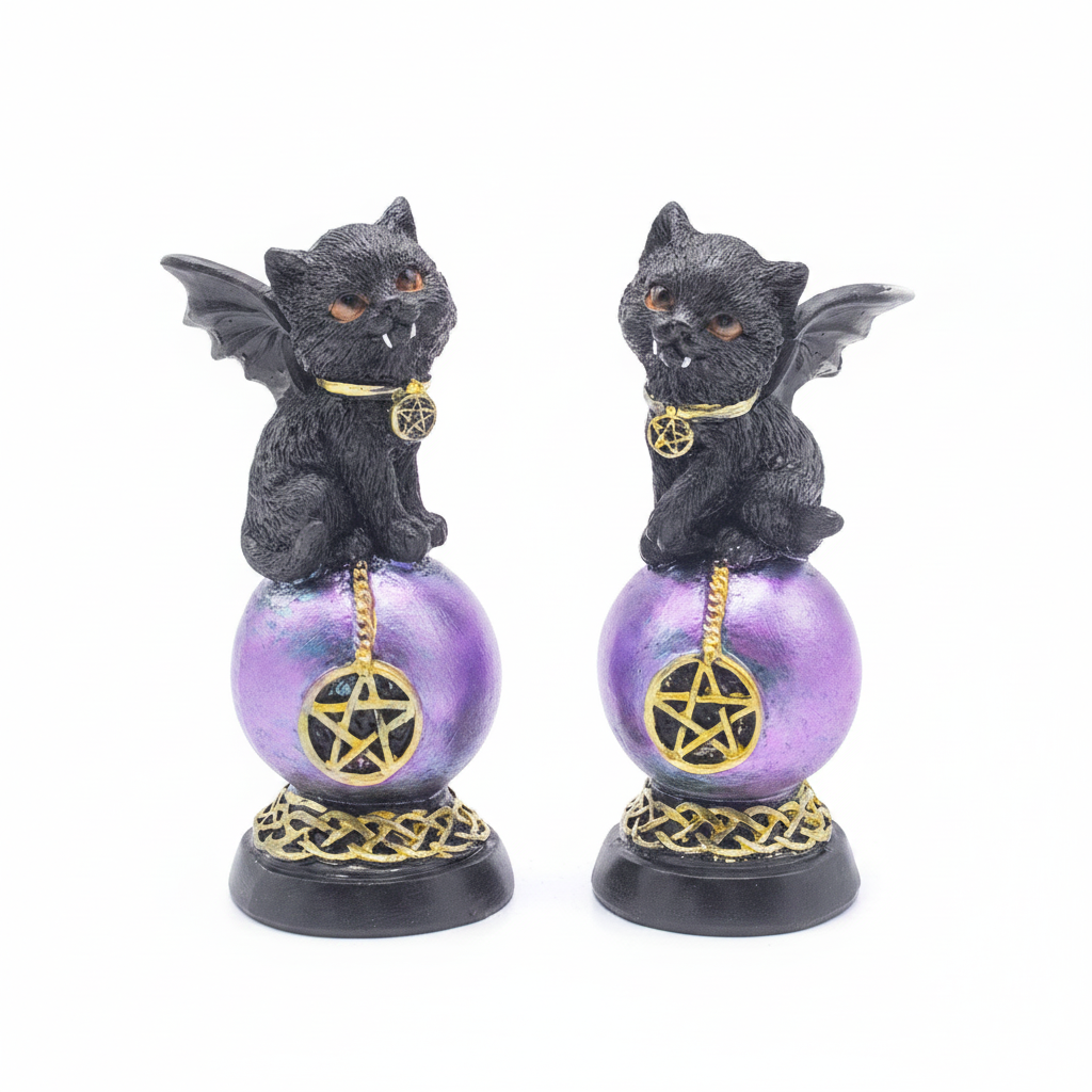 Gatto Wicca sulla sfera con pentacolo su sfondo bianco