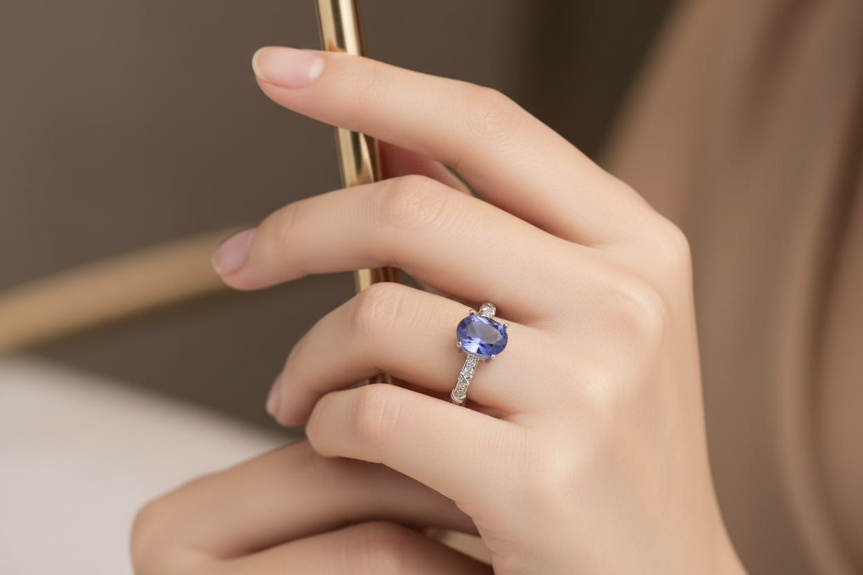 Anello fluorite blu indossato - lifestyle shot