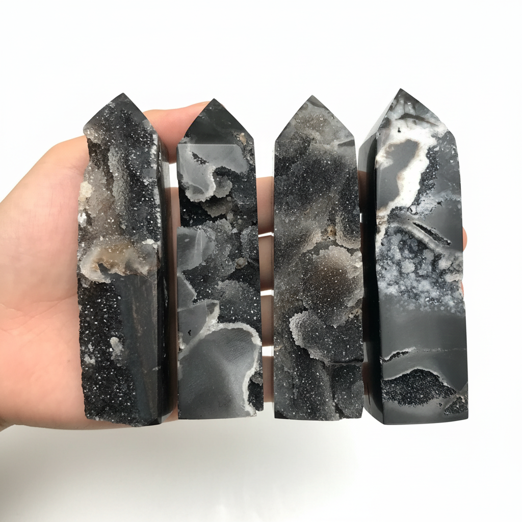 Obelischi di Sphalerite tenuti in mano su sfondo bianco