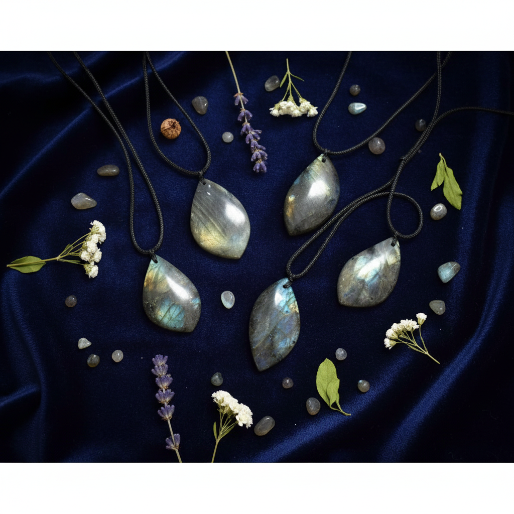 Collana Fiamma Labradorite flat lay velluto blu