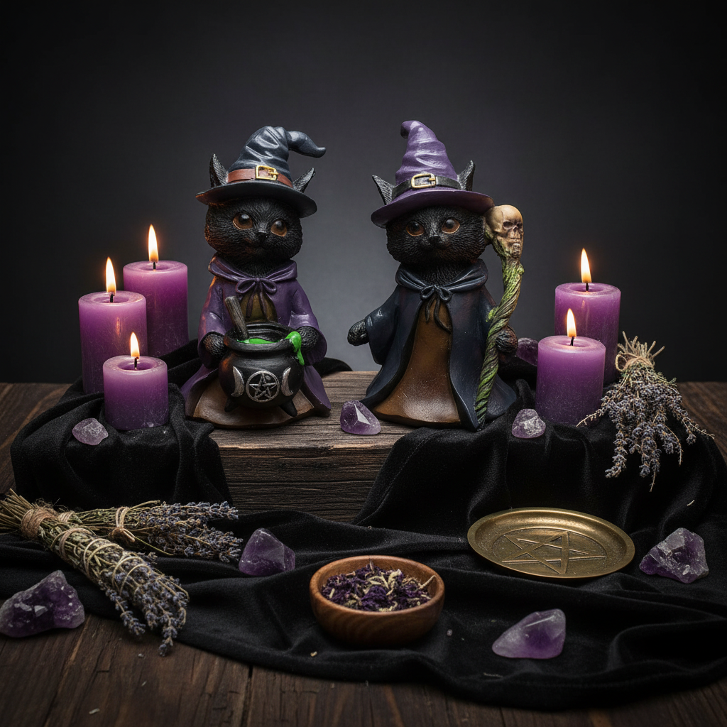 Statuina gatto strega - duo su altare wicca con candele