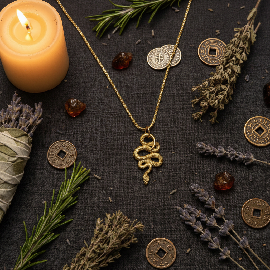 Collana serpente avvolto gold composizione alchemica