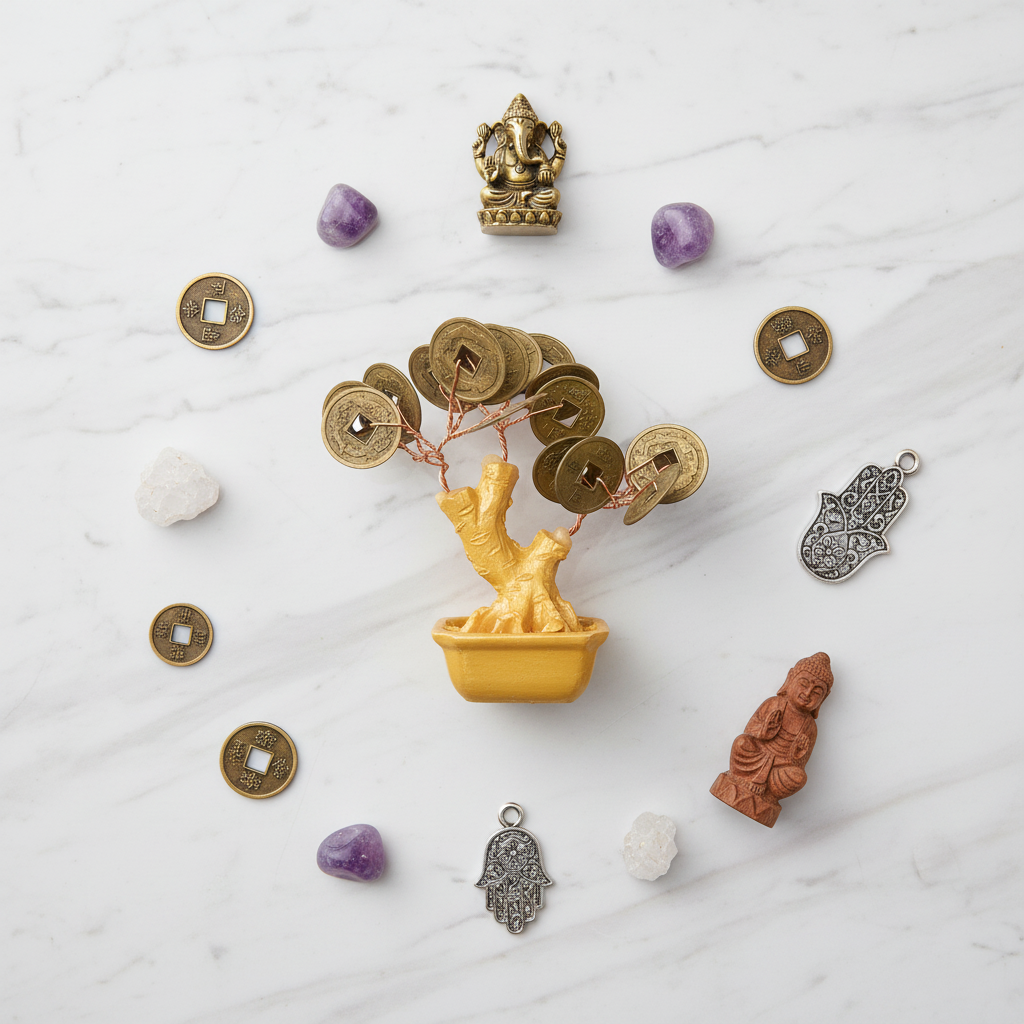 Albero dell'abbondanza in resina - flat lay con cristalli