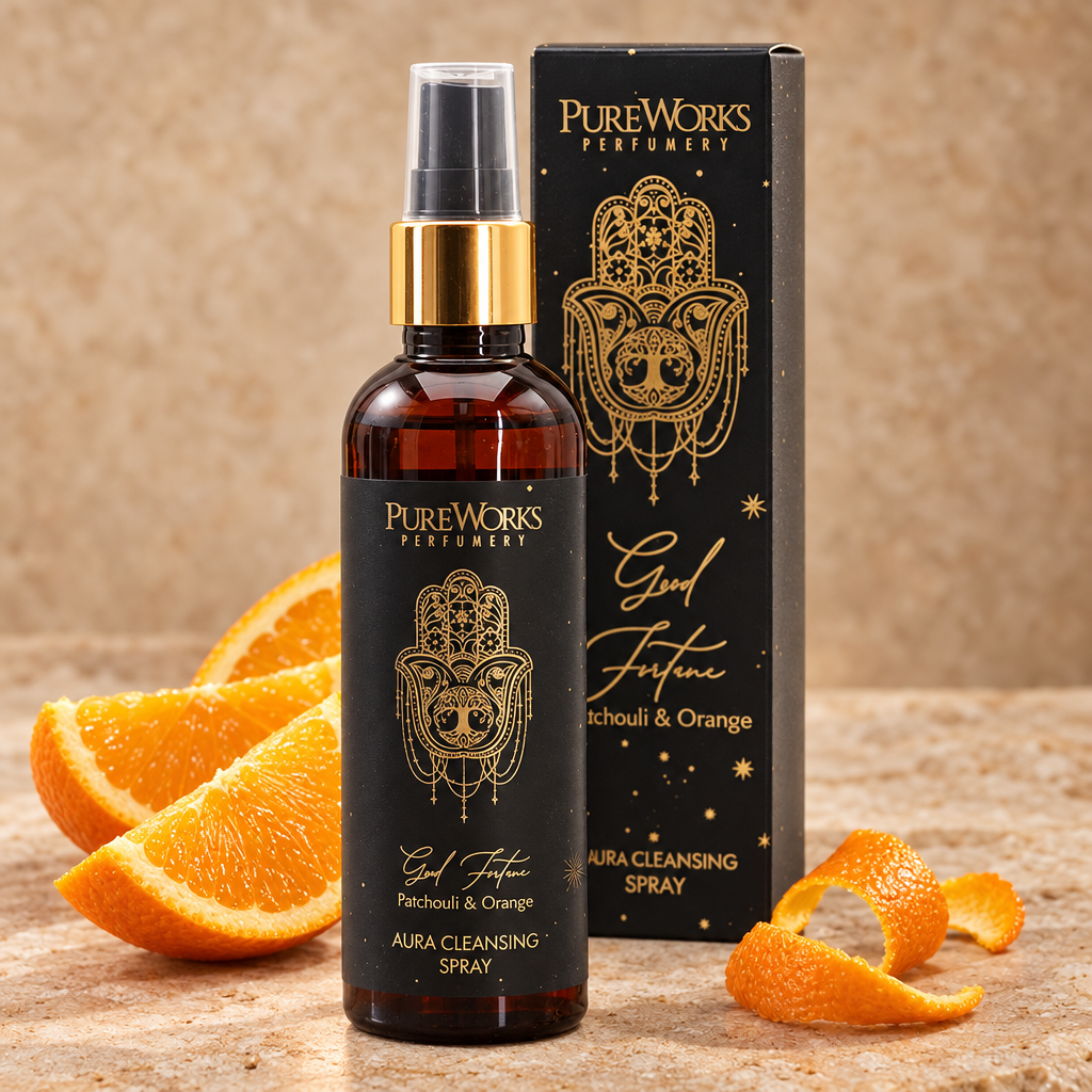 Spray Good Fortune Patchouli e Arancia con fette di arancia