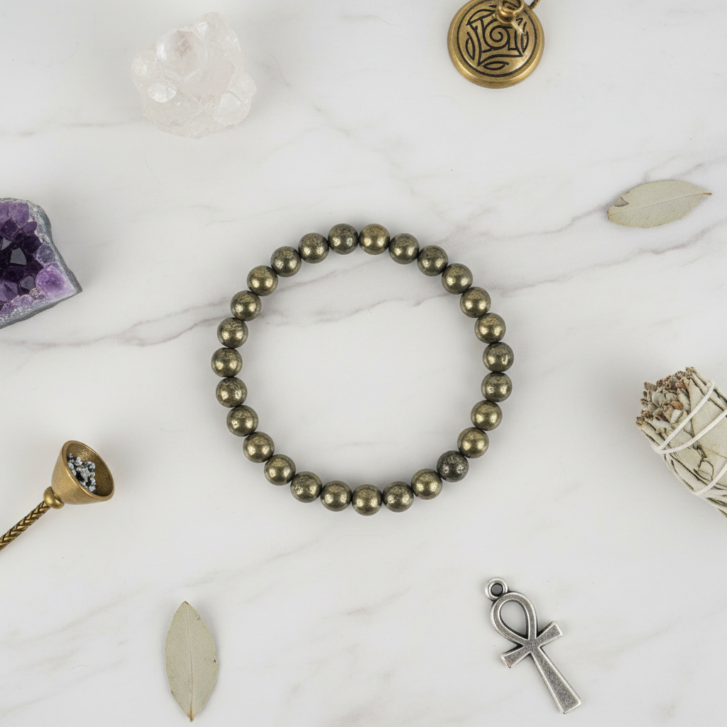 Bracciale Pirite 8mm - flat lay con cristalli