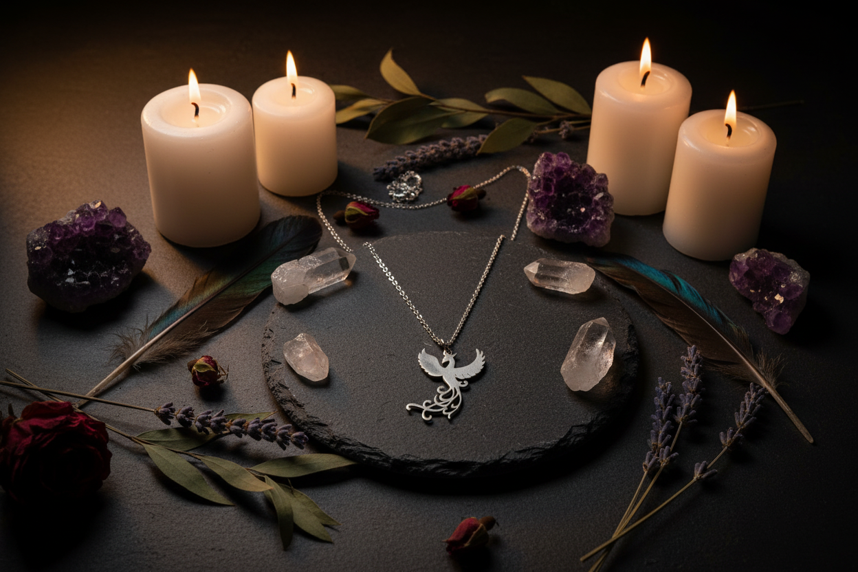 Collana Fenice con cristalli piume e candele - lifestyle esoterico