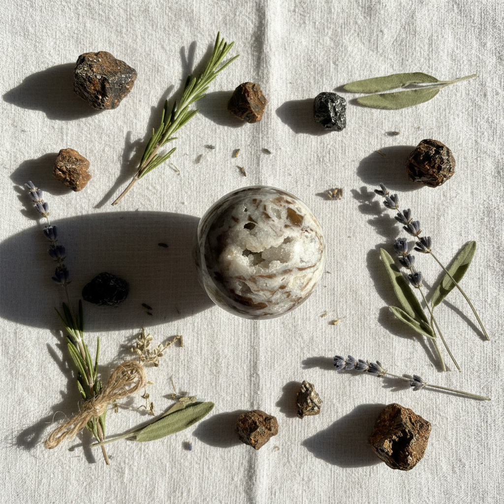 Sfera Sphalerite flat lay lino bianco con minerali