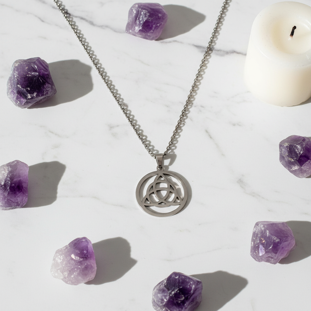 Collana Triquetra flat lay con cristalli ametista e candela