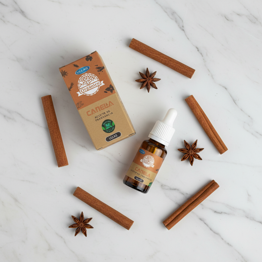 Olio essenziale cannella Ullas - flatlay su marmo con cannella e anice