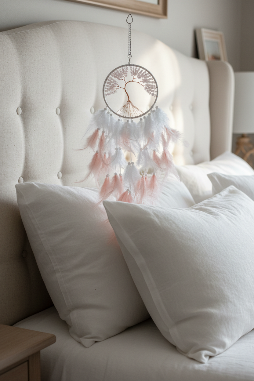 Acchiappasogni quarzo rosa - sopra letto camera romantica