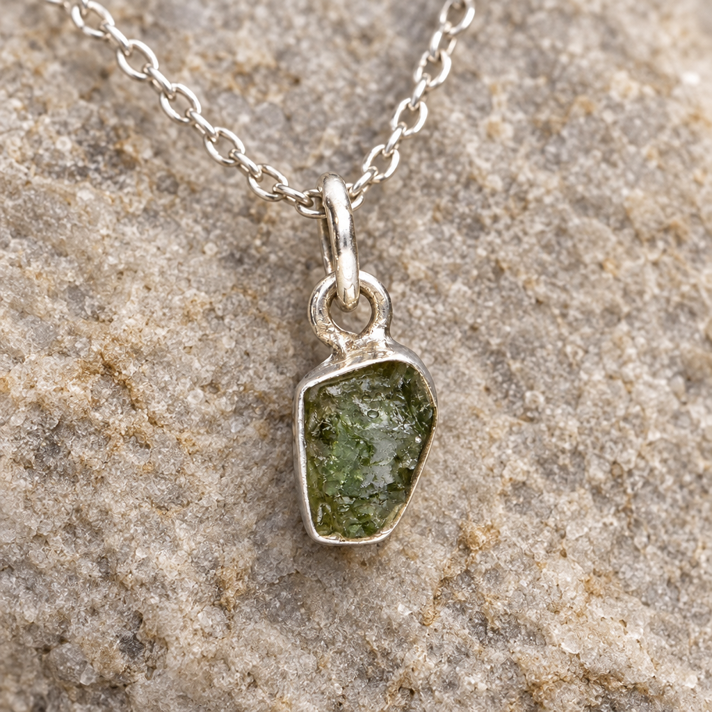 Dettaglio della moldavite e della montatura in argento