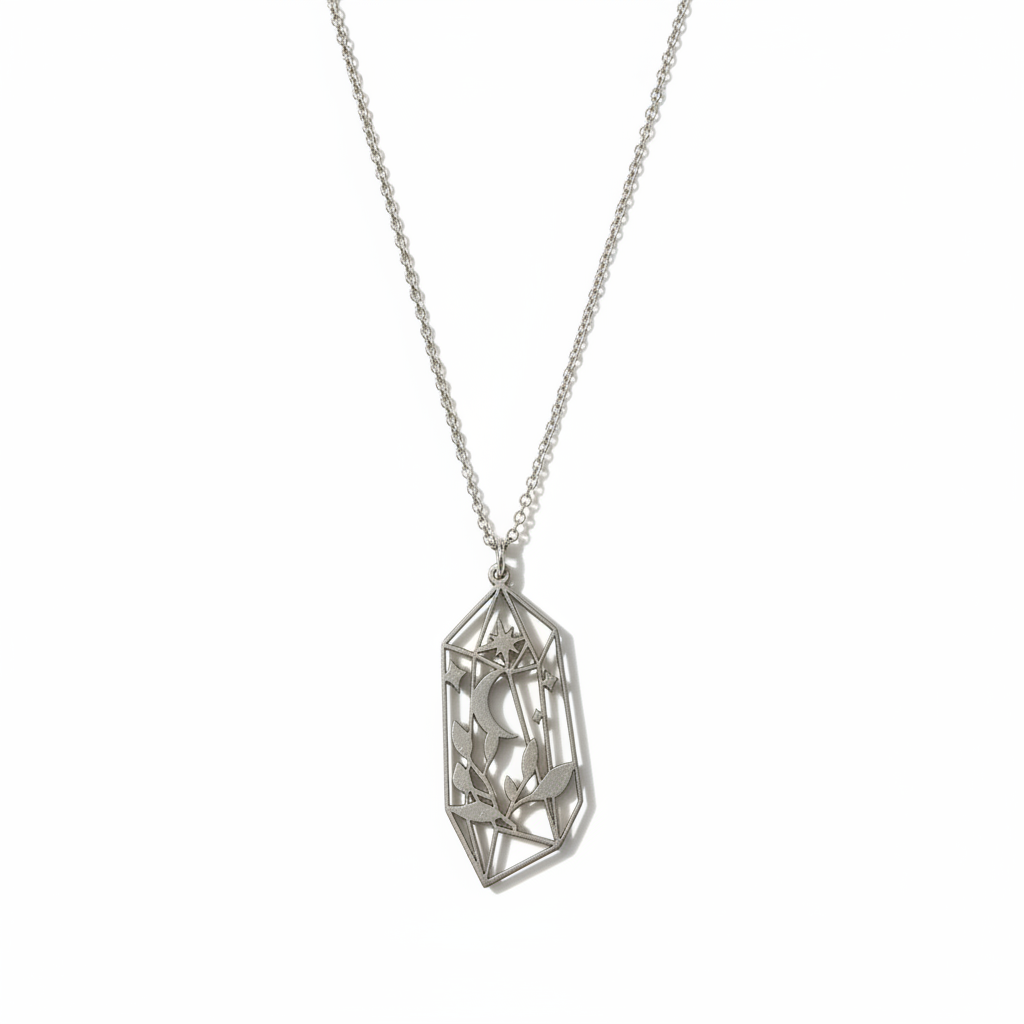 Collana Cristallo Geometrico con Luna e Stelle flat lay sfondo bianco