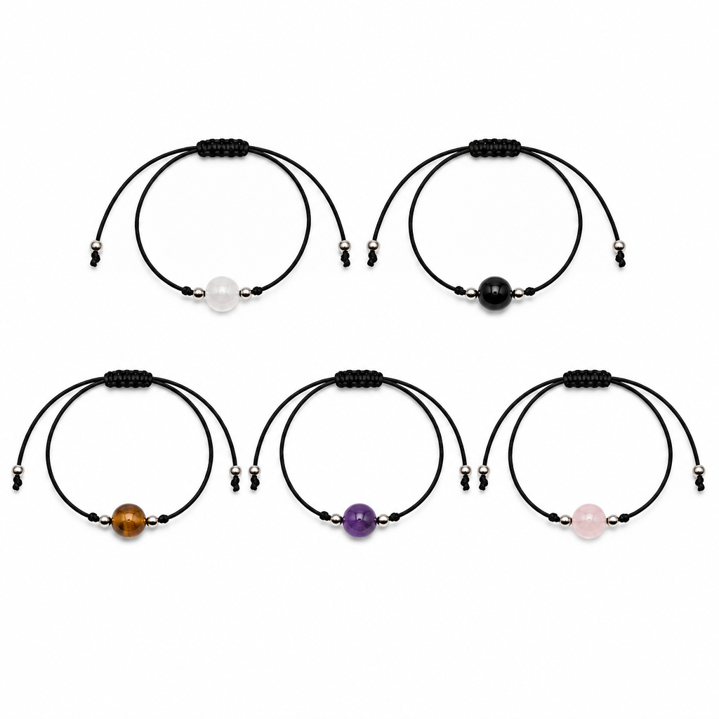 Bracciali con Selenite, Onice, Occhio di tigre, Ametista e Quarzo rosa