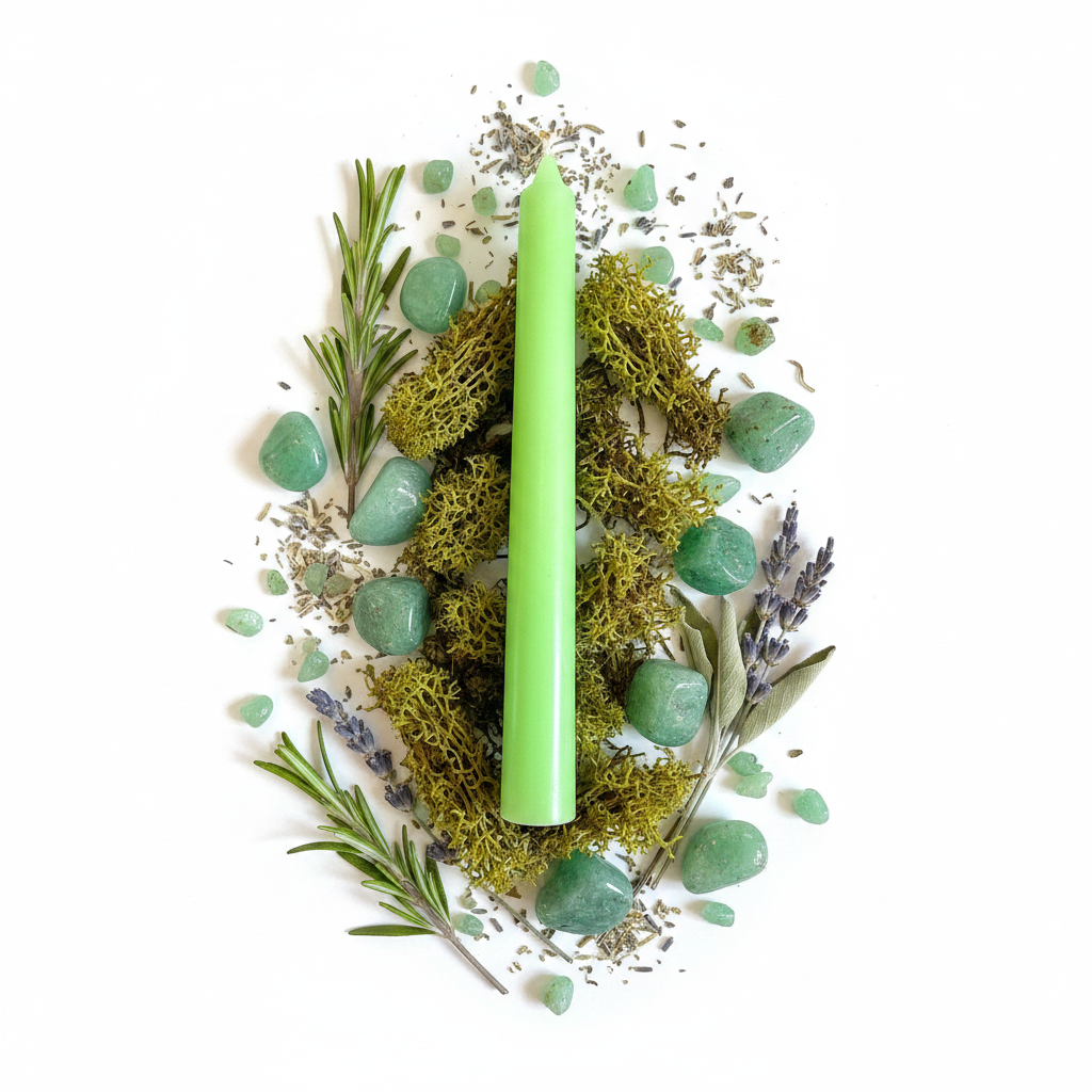 Candela verde con cristalli e erbe