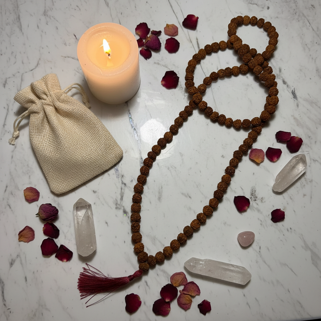 Japamala rudraksha con sacchetto in juta