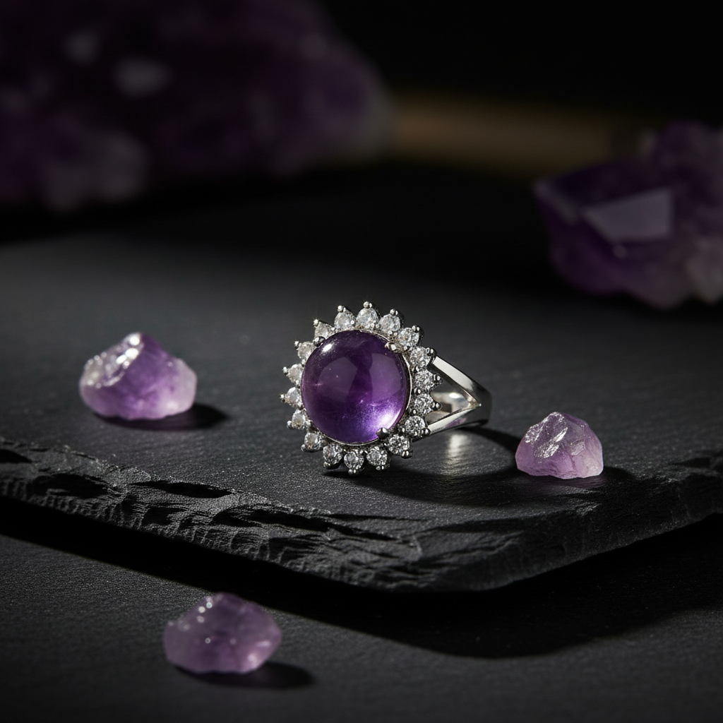 Anello ametista e zirconi su ardesia scura con cristalli