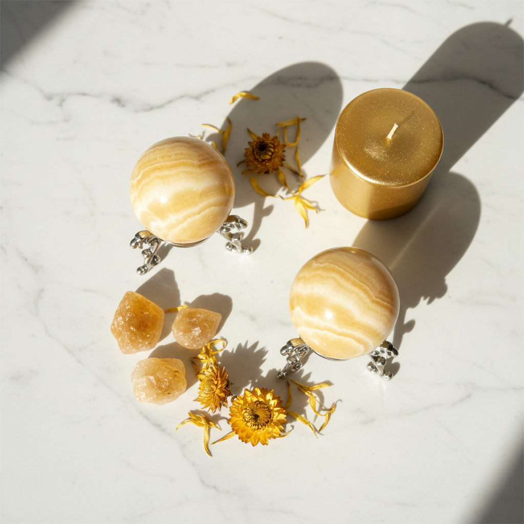 Sfere Calcite Gialla - flatlay marmo con fiori gialli e candela oro
