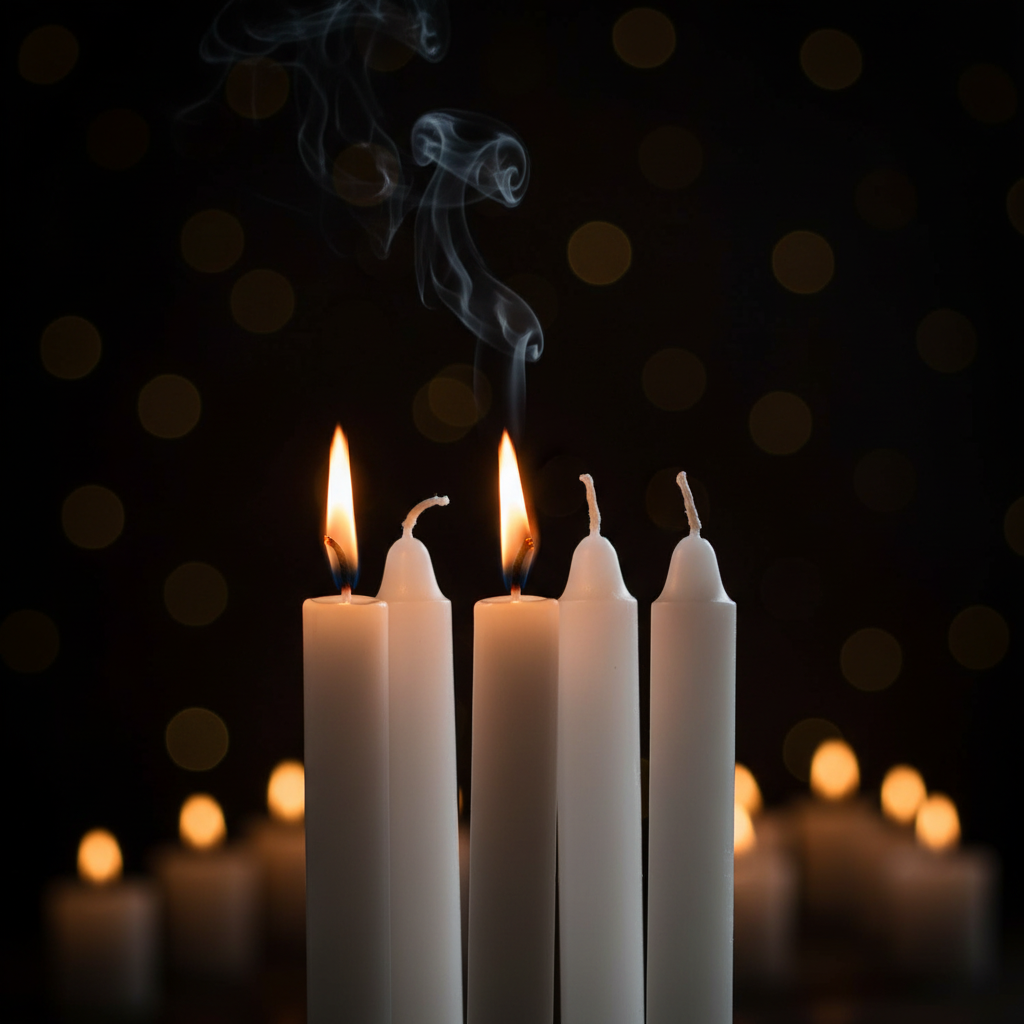 5 candele bianche per rituali con candela accesa sfondo scuro