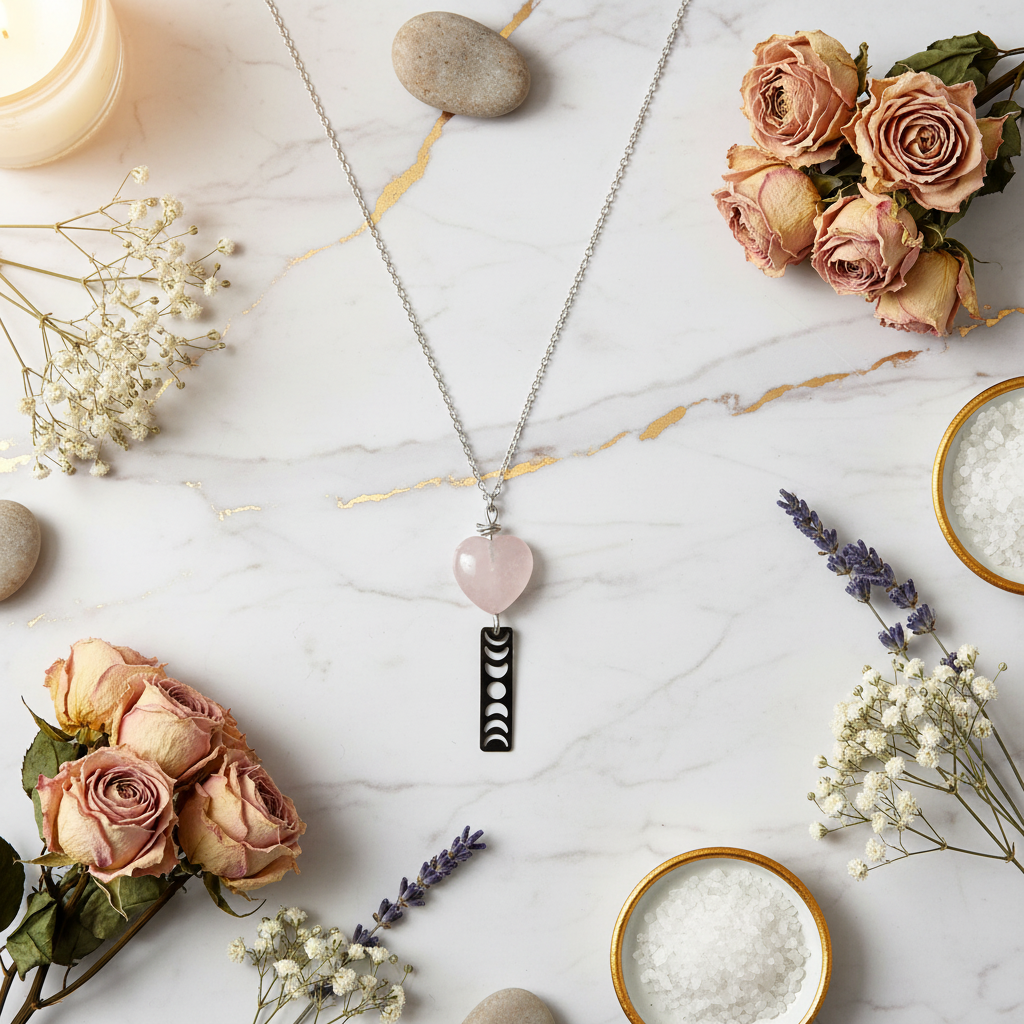 Collana Quarzo Rosa Cuore e Fasi Lunari - sfondo marmo luxury