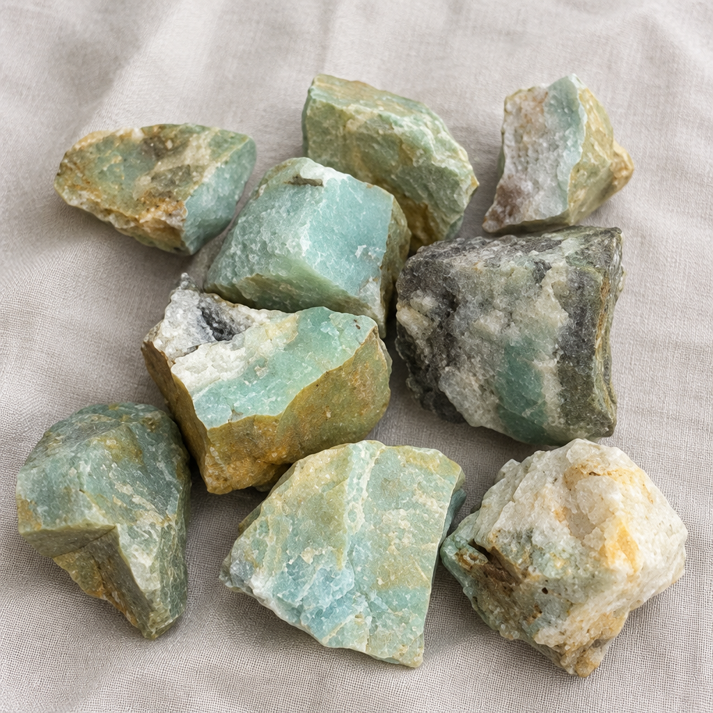 Amazzonite grezza su lino