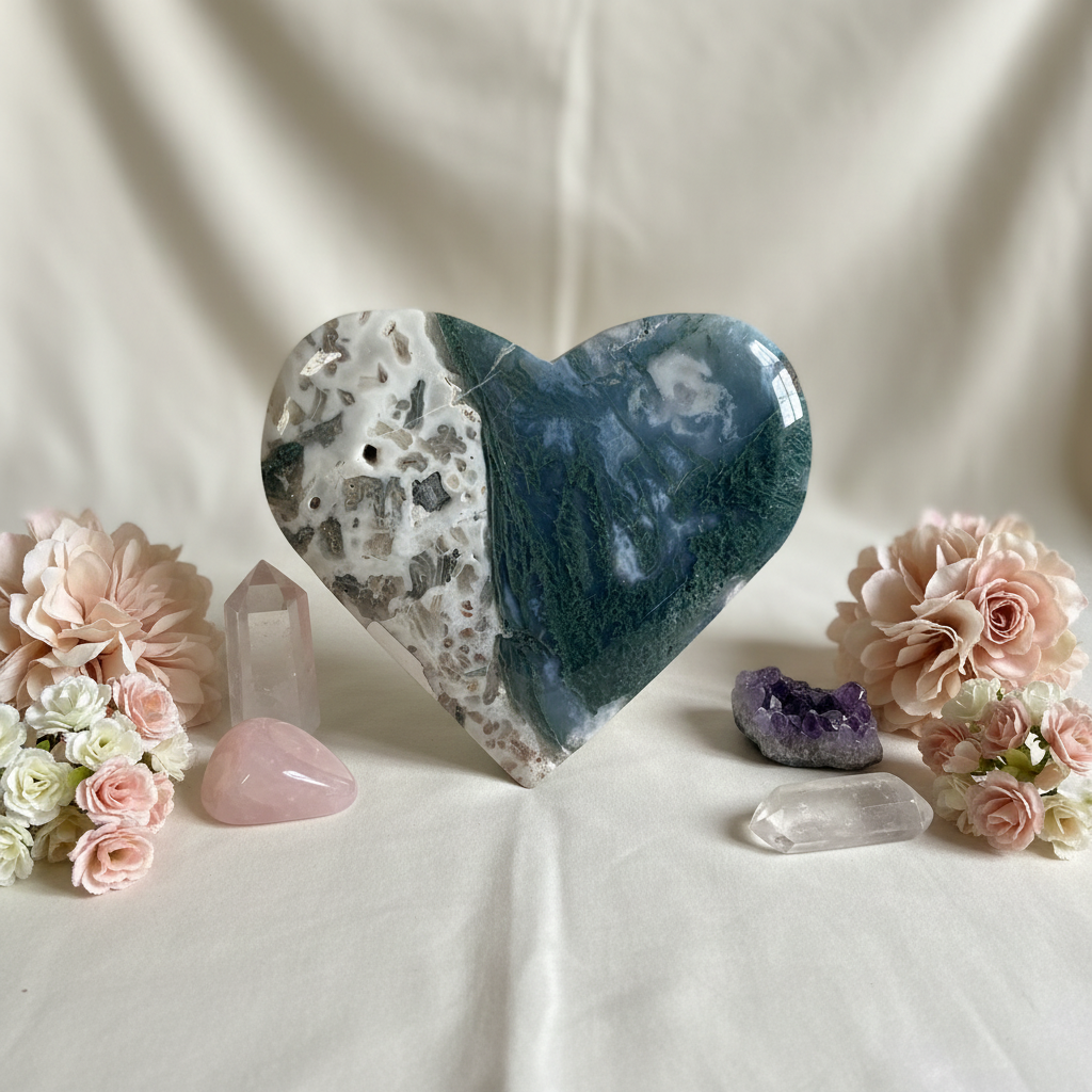 Cuore di agata muschiata lucidato con fiori chiari e cristalli