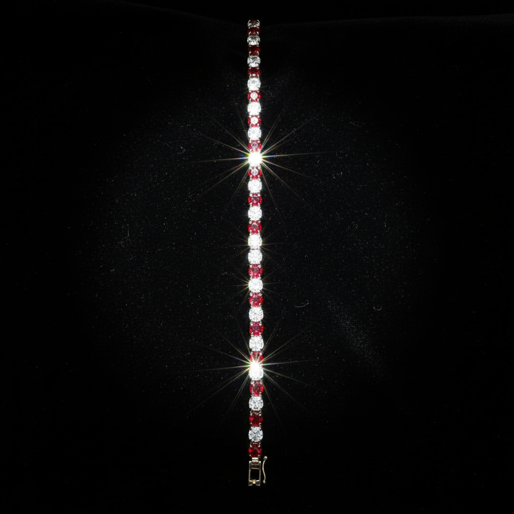 Bracciale Tennis in Argento con Moissanite Rosso e Bianco - flat lay velluto nero
