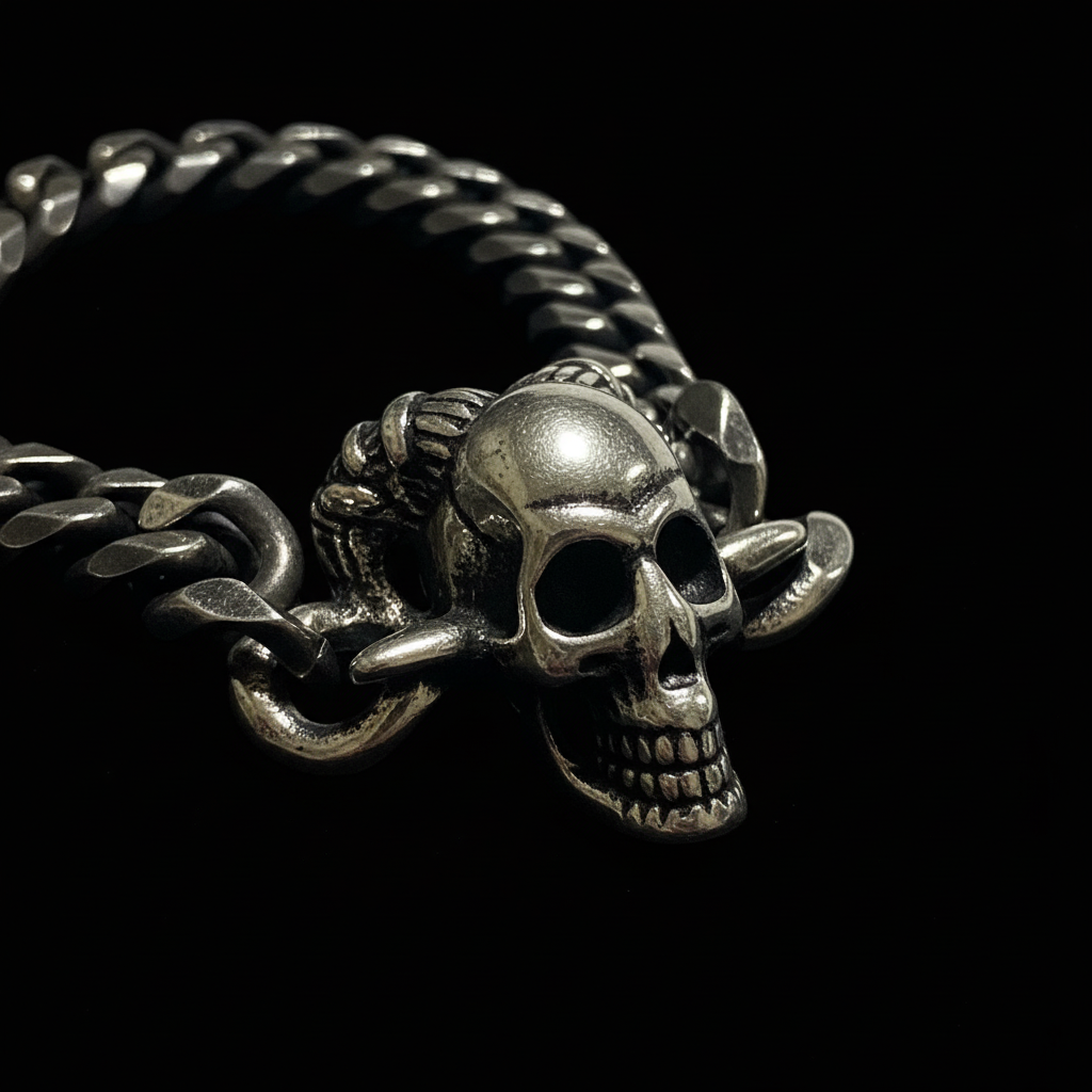 Bracciale Teschio Corna close-up dettaglio