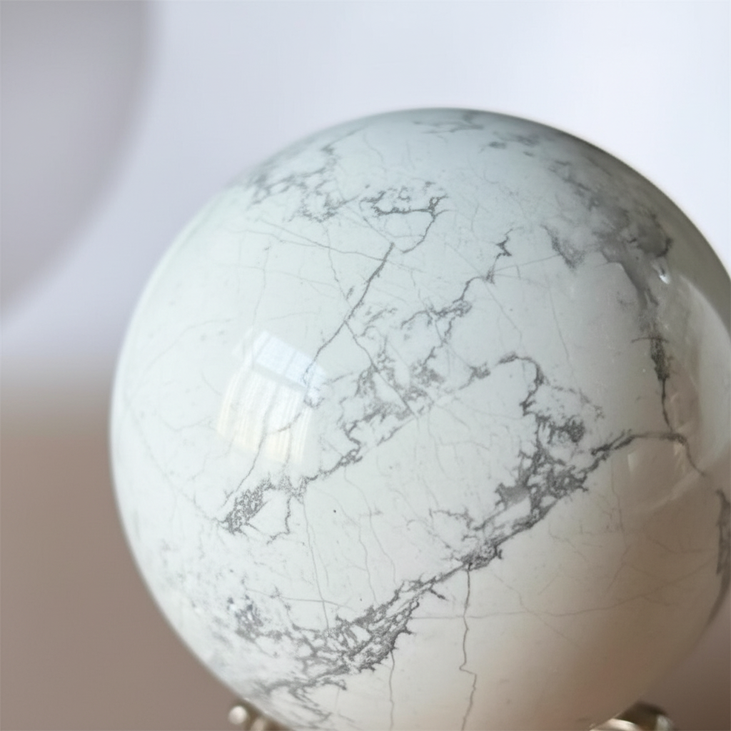 Sfera Howlite close-up venature grigie naturali