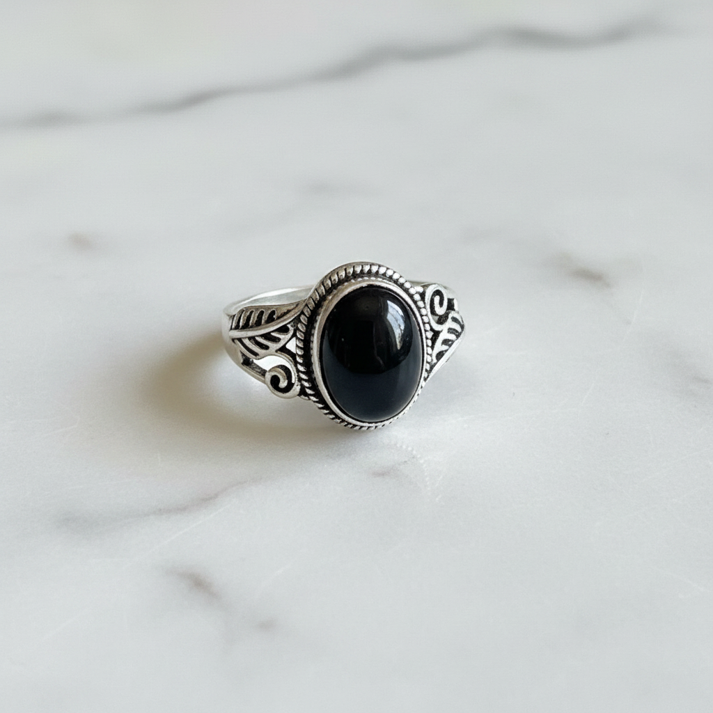 Anello Argento Anticato - Ossidiana