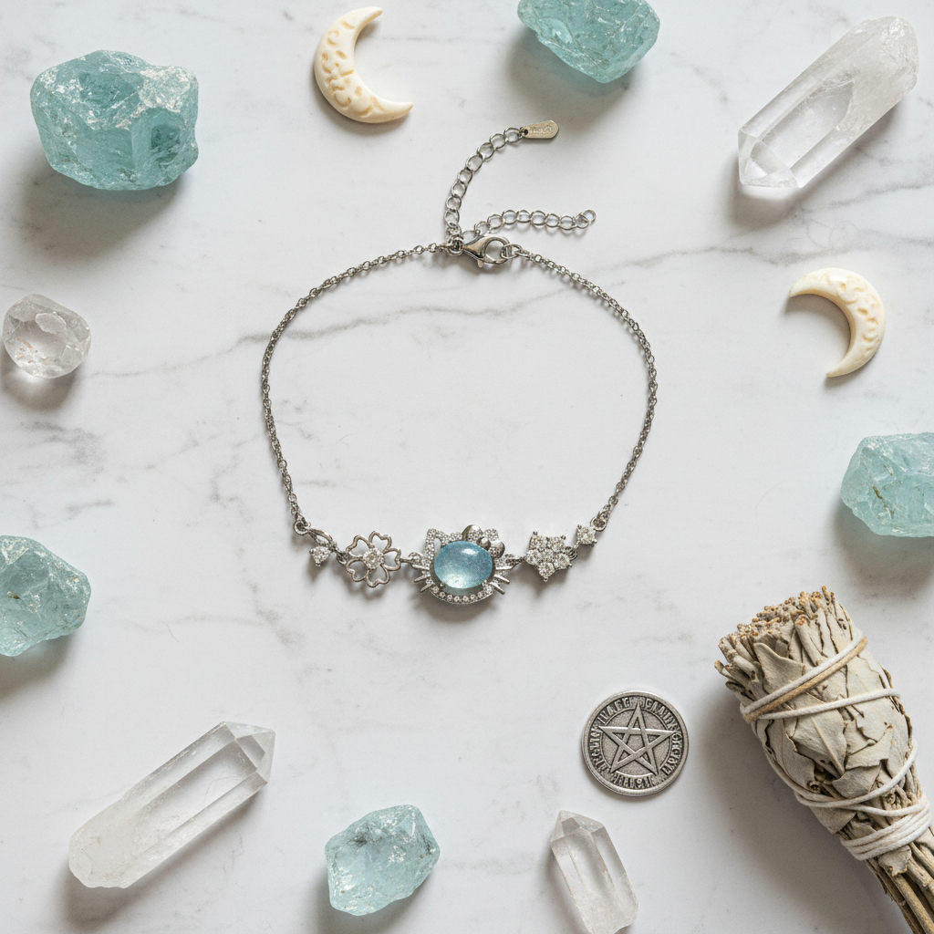Bracciale Rame Placcato Argento con Acquamarina - flat lay con cristalli