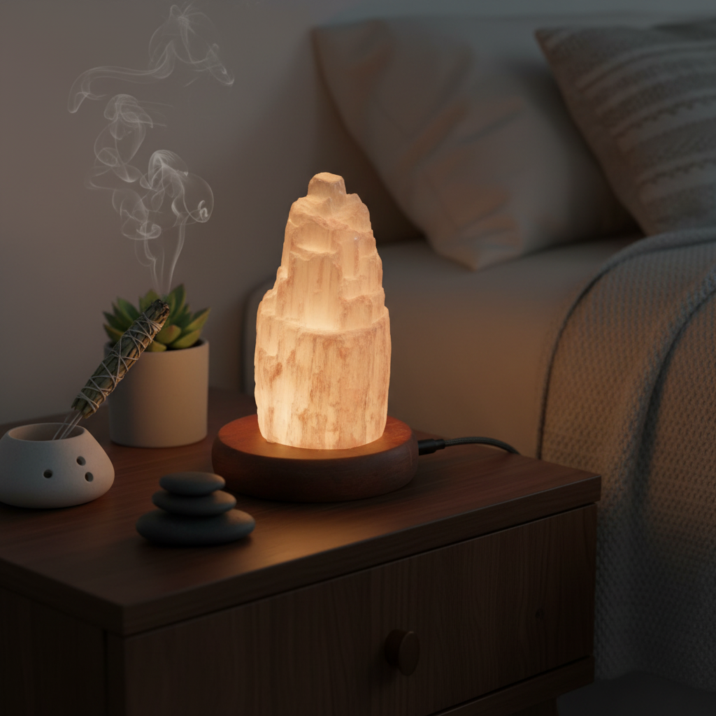 Lampada selenite cattedrale - lifestyle comodino
