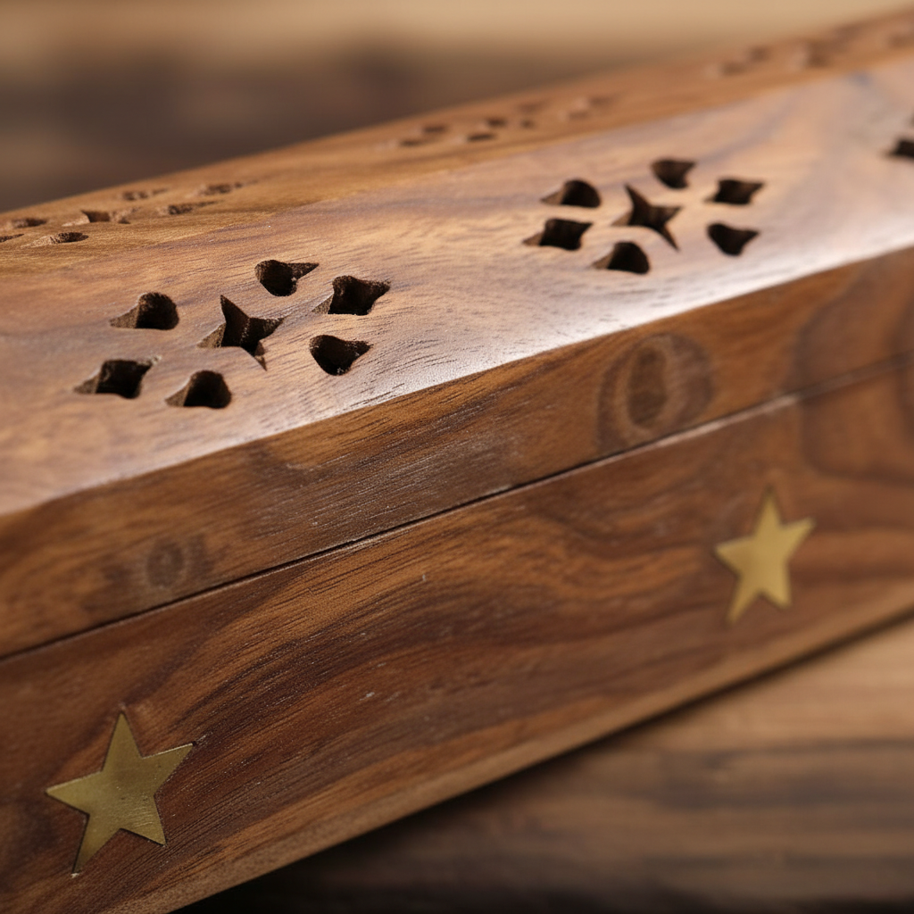 Porta incenso cofanetto legno - macro intagli stelle ottone