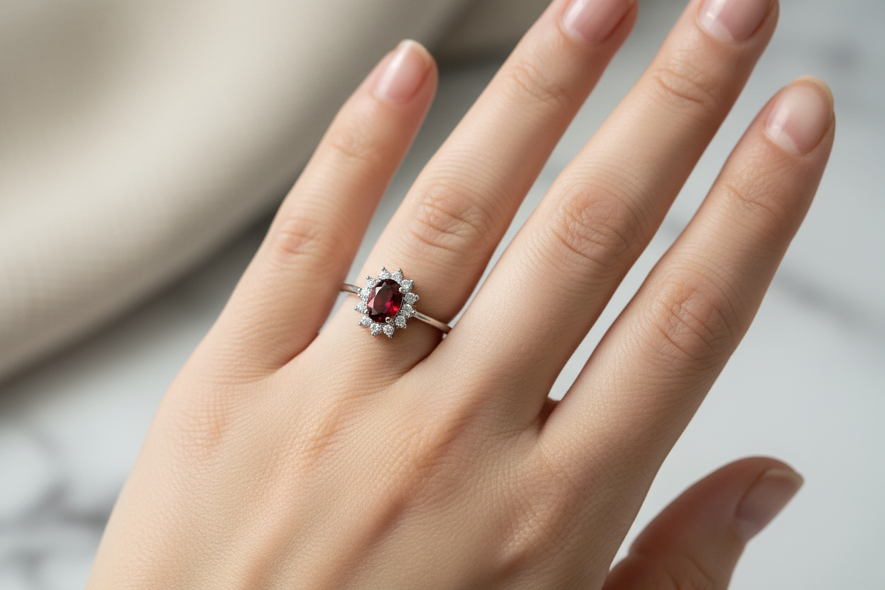 Anello granato indossato - lifestyle shot