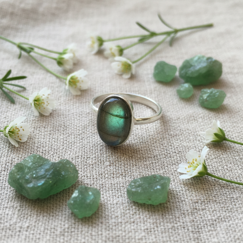 Anello labradorite verde argento con fiori e cristalli