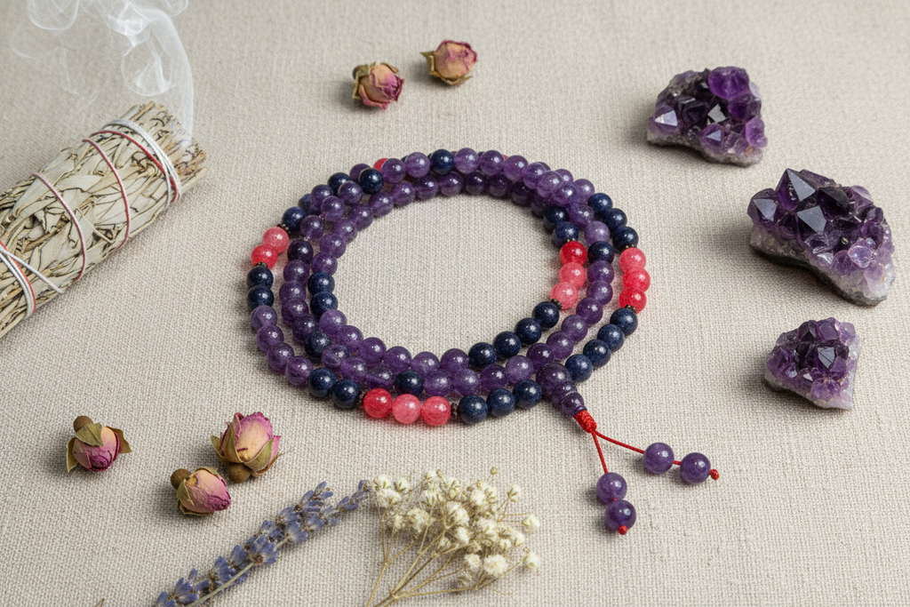 Mala collana composizione esoterica con fiori e cristalli