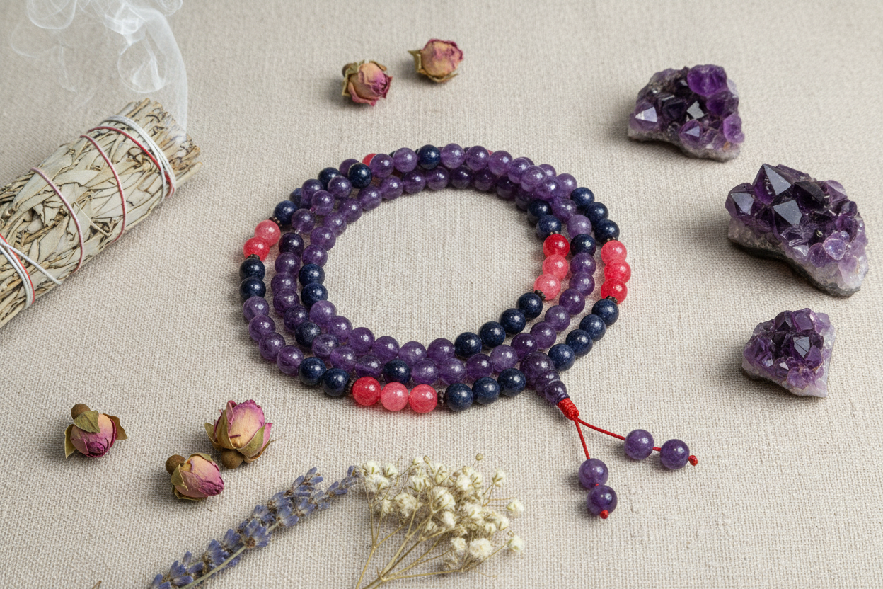 Mala collana composizione esoterica con fiori e cristalli