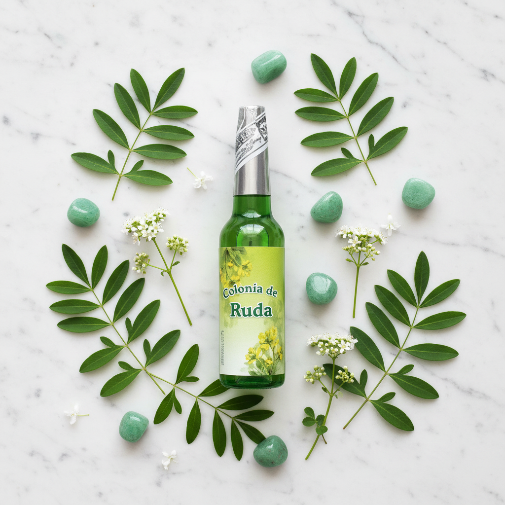 Flatlay su marmo con ruta fresca e avventurina verde