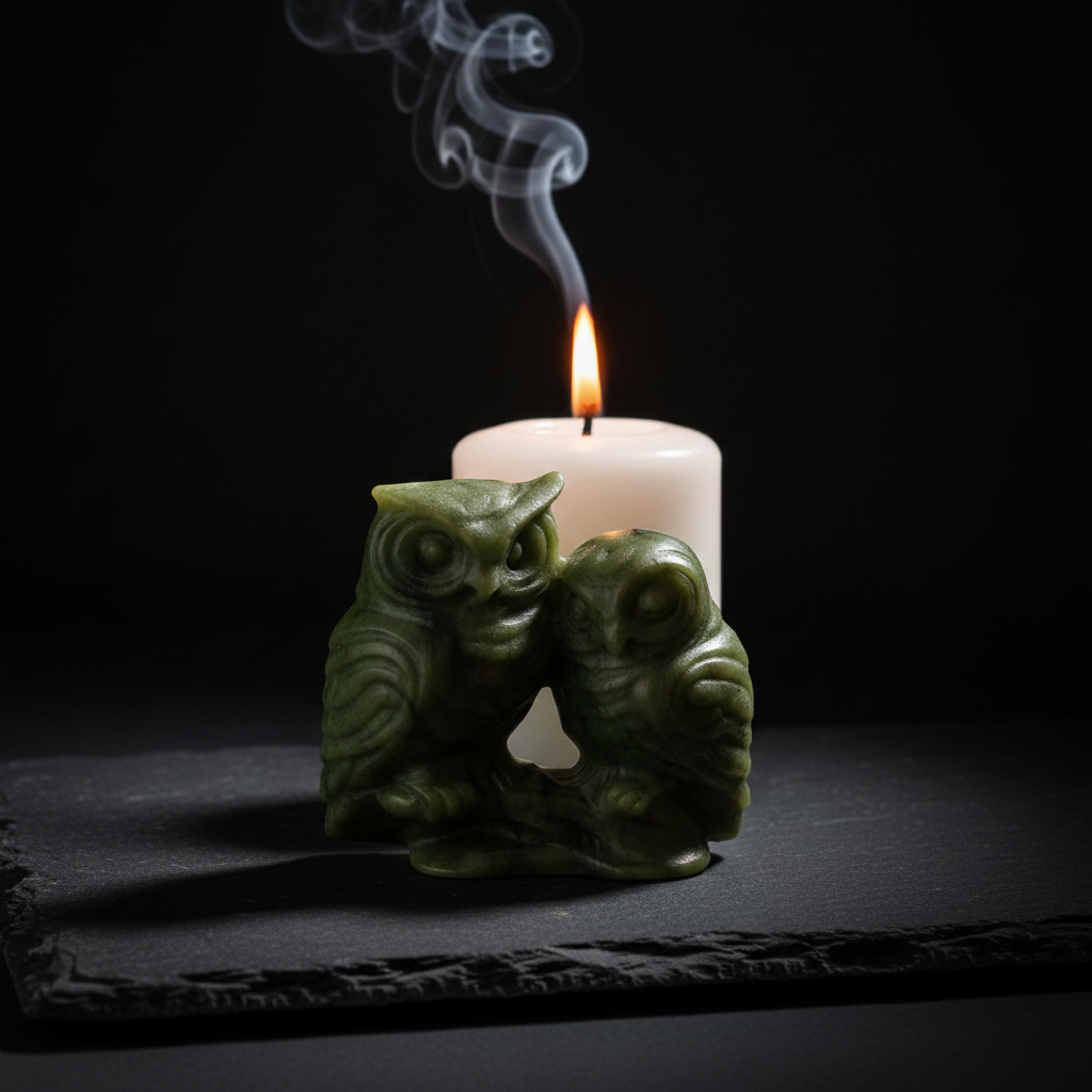 Coppia di Gufi in Giada Verde - candela bianca con fumo