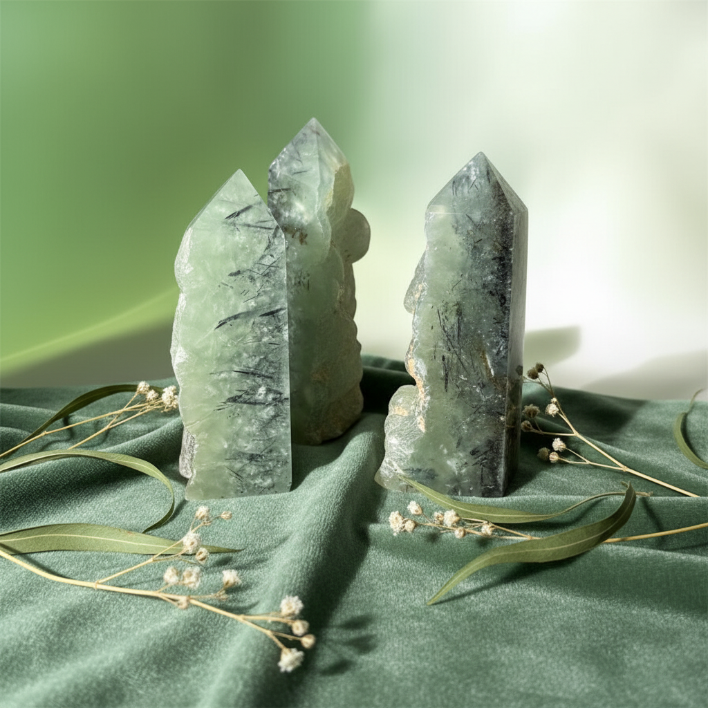 Torri di prehnite con tormalina nera su velluto verde salvia
