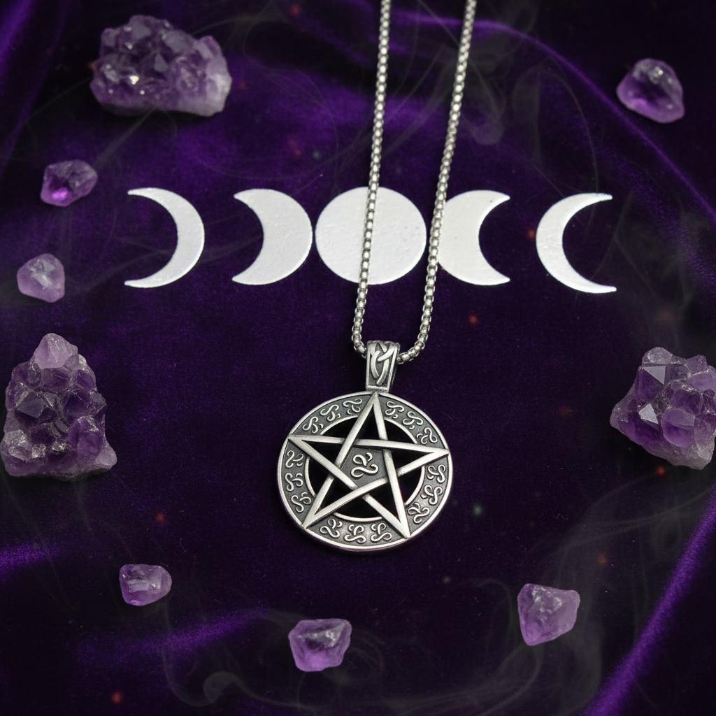Collana Pentacolo Celtico - velluto viola con ametiste e fasi lunari