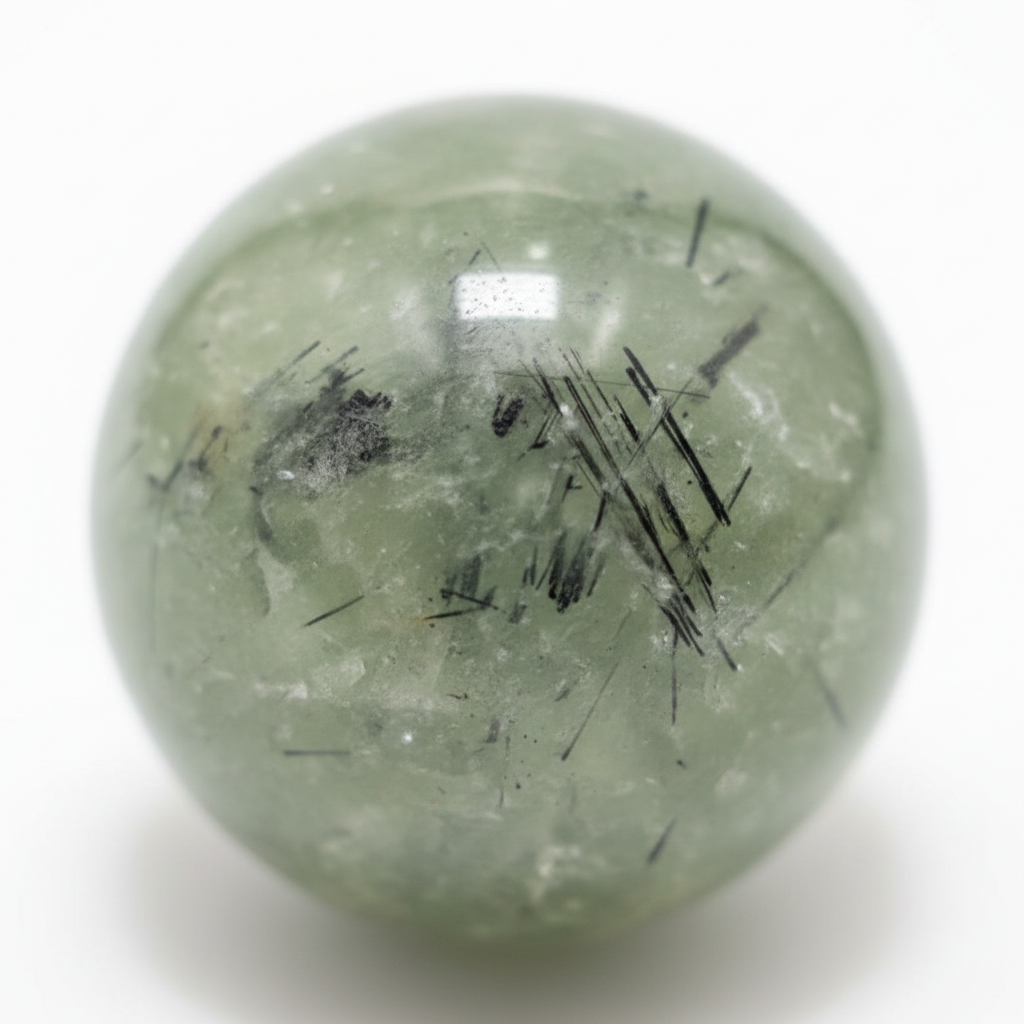 Sfera in Prehnite con Tormalina Nera - macro close-up