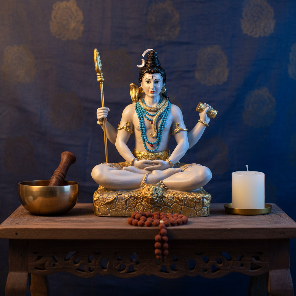 Statua Shiva 29cm su altare con singing bowl e mala beads
