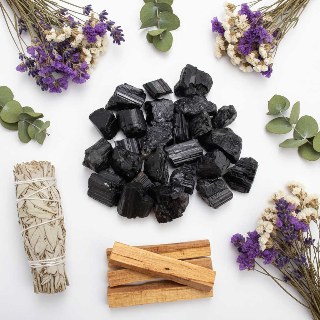 Tormalina nera grezza - composizione con fiori secchi e salvia