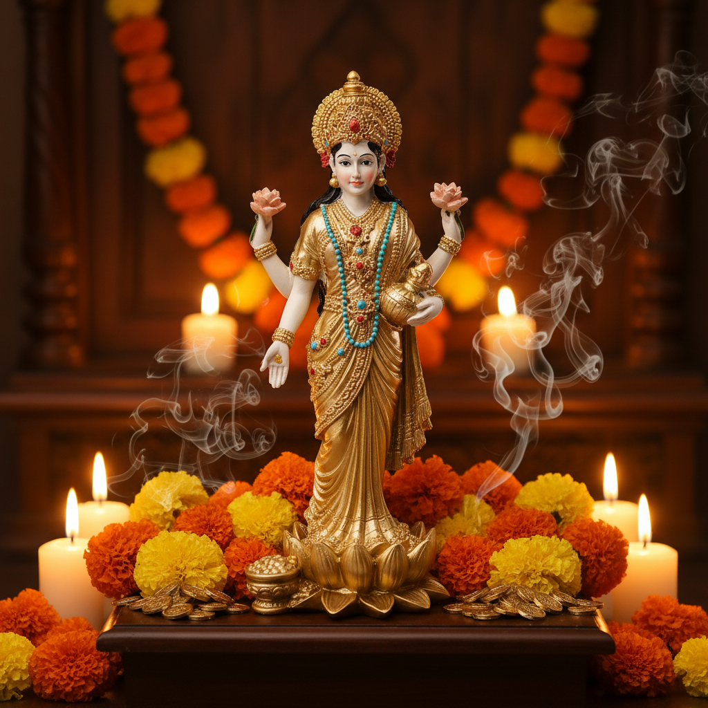 Statua Lakshmi stante su altare con candele e ghirlanda