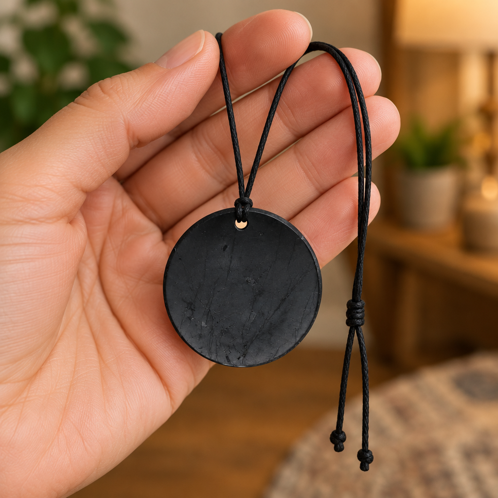 Collana con cordino e shungite tra le dita
