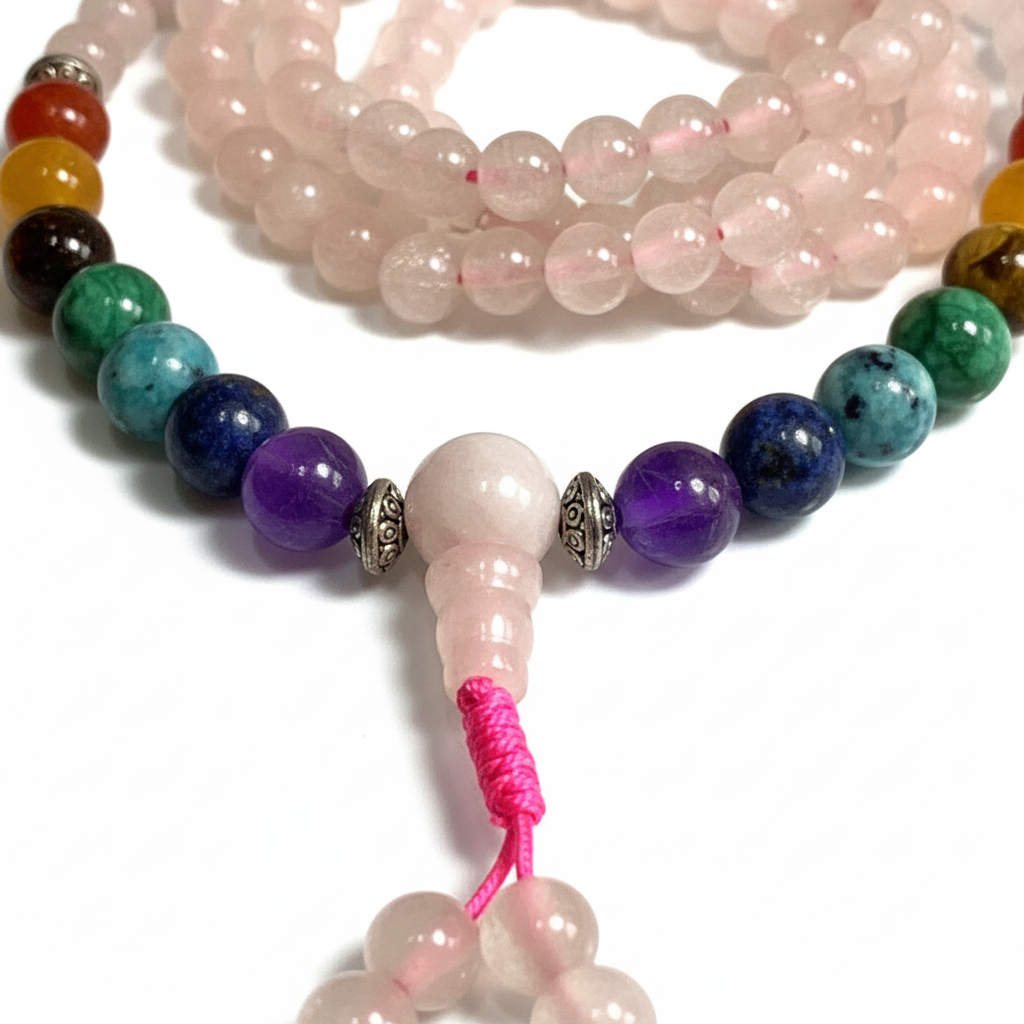 Macro close-up mala quarzo rosa e 7 chakra