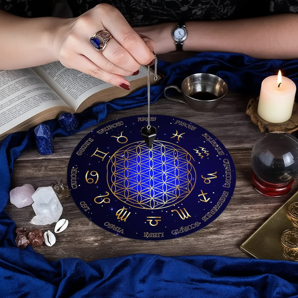 Altare cosmico con tappetino pendolo lapislazzuli e libro astrologia