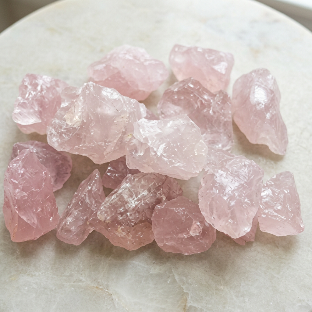 Quarzo rosa grezzo su piano chiaro